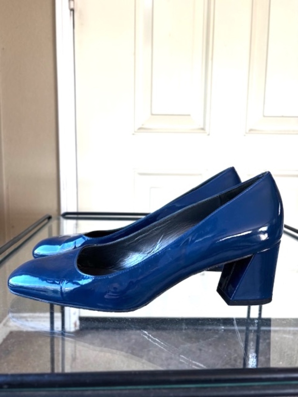 STUART WEITZMAN Navy Patent Square-Toe Pumps w/ Chunky Block Heel EUC/sz 8.5